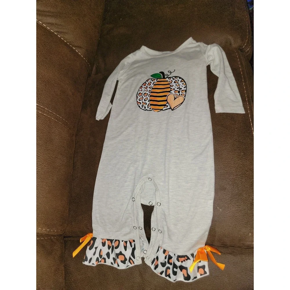 Boutique fall Halloween pumpkin romper one piece outfit size 12 18 months